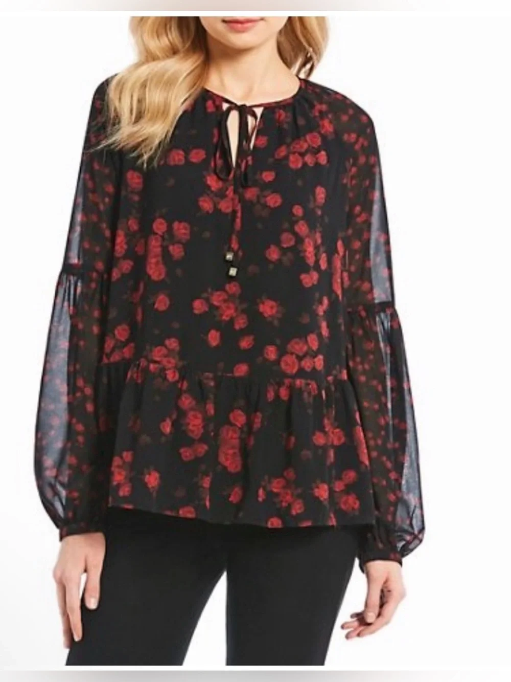 Michael Kors Black Blouse with Red Floral Print and Tie Neck size XS